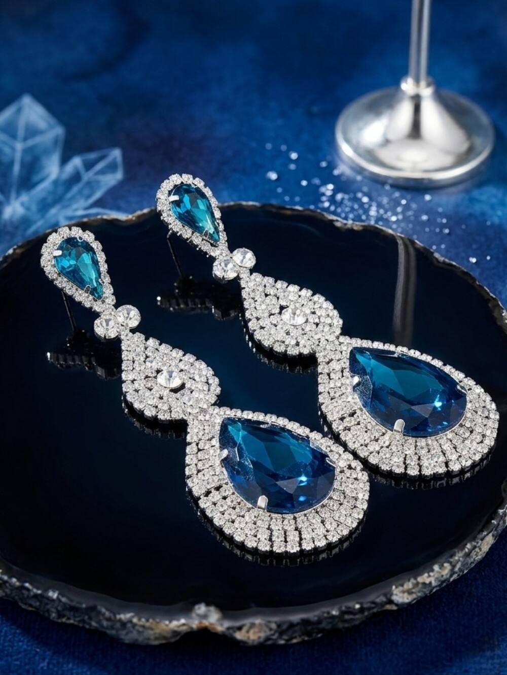 Sapphire Blue Glass Rhinestone Pageant Statement Earrings Prom Event Bridal 3¼"